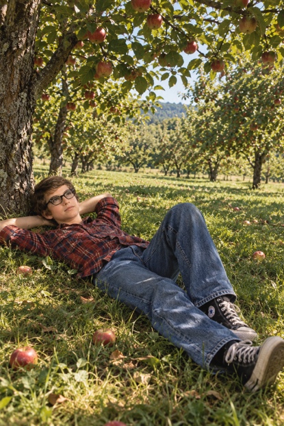 A boy lying in the grass beneath an apple tree, looking up at the branches