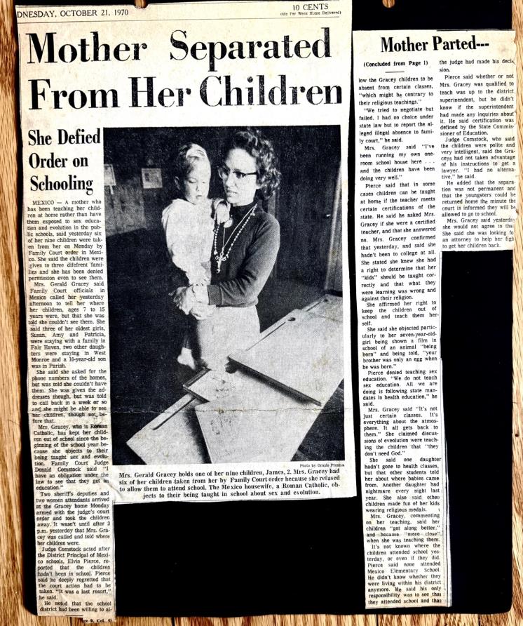 1970 newspaper clipping headlined 'Mother Separated From Her Children: She Defied Order on Schooling'