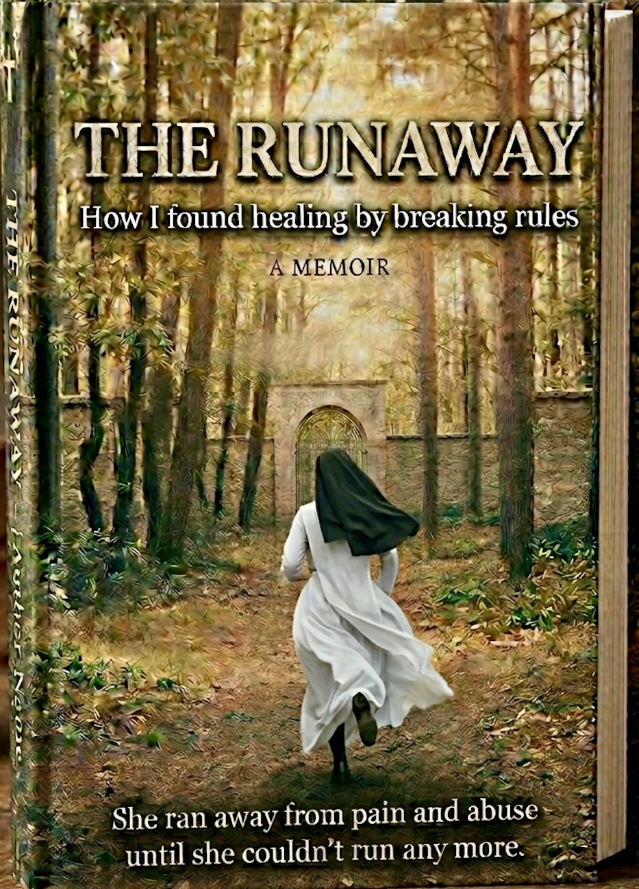 The Runaway: How I Found Healing by Breaking Rules, A Memoir by Amy Gracey Nash, book cover showing a nun running away from a monastery through a forest